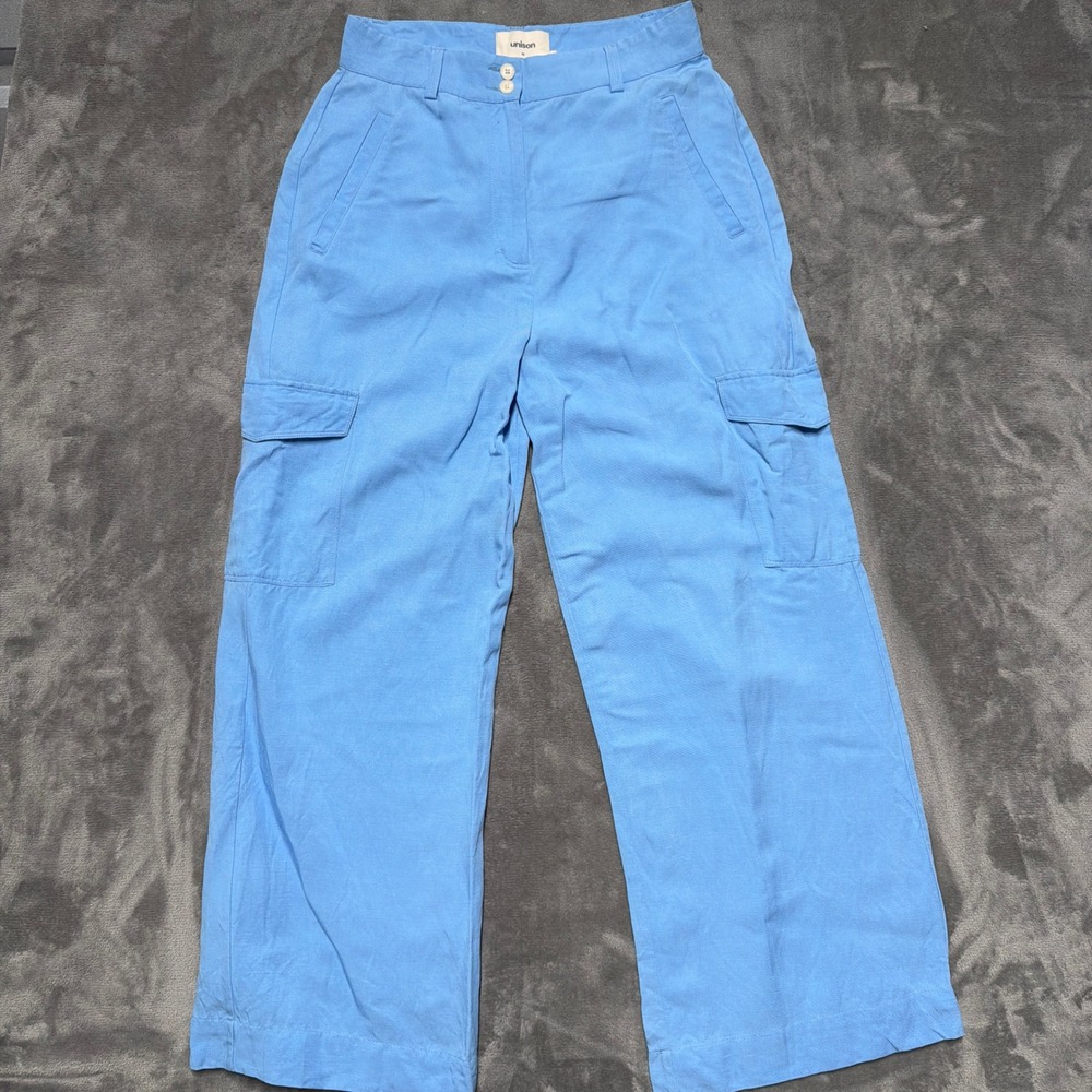 Unison Cargo Pants Womens 10 Blue Linen Blend Wide Leg Utility Trousers Casual